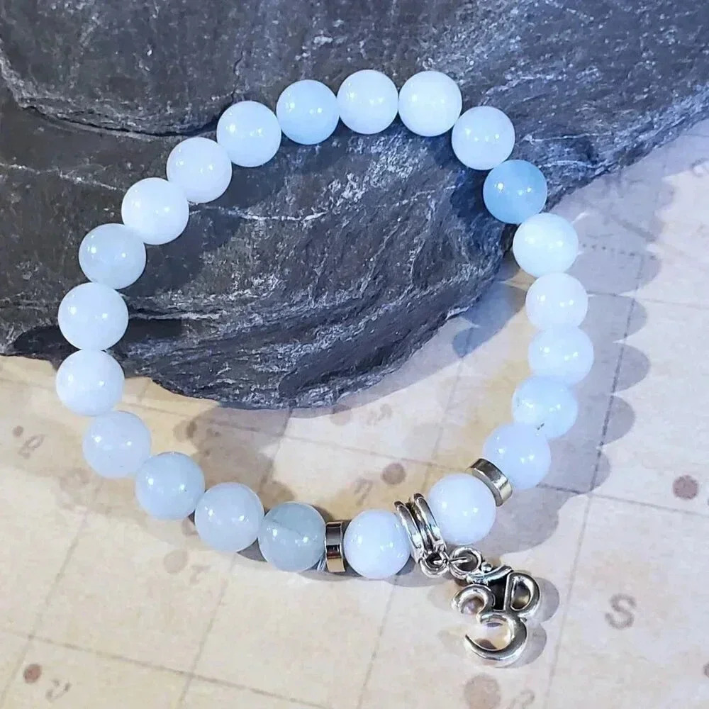 Om Aum Zen Mantra Mindfulness Light Blue Agate Gemstone Stretch Bracelet